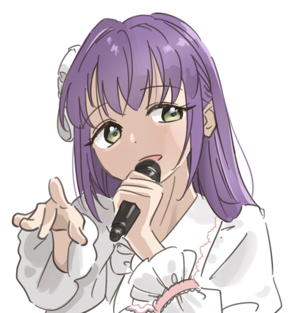 1girl microphone solo purple hair white background green eyes holding microphone  illustration images