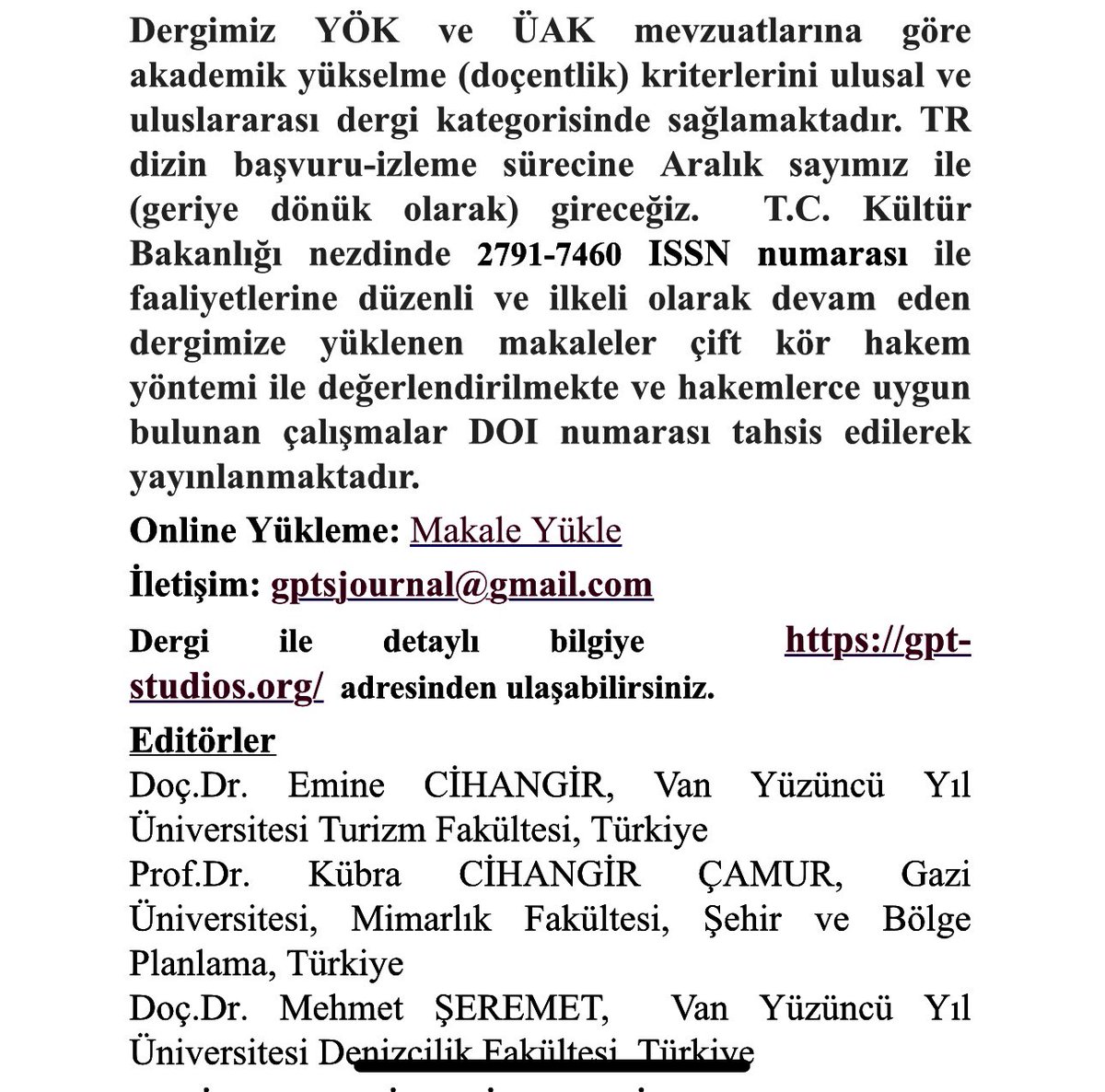 GPTS Journal
Coğrafya, Planlama,Turizm Stüdyoları Dergimiz
3. Cilt 2.Sayısı olan 
Aralık 2023 sayımız için makale kabul etmektedir… 
Uluslararası diğer endeks olarak taranan dergimiz için ayrıntılı bilgiler eklerde.. 
gpt-studios.org