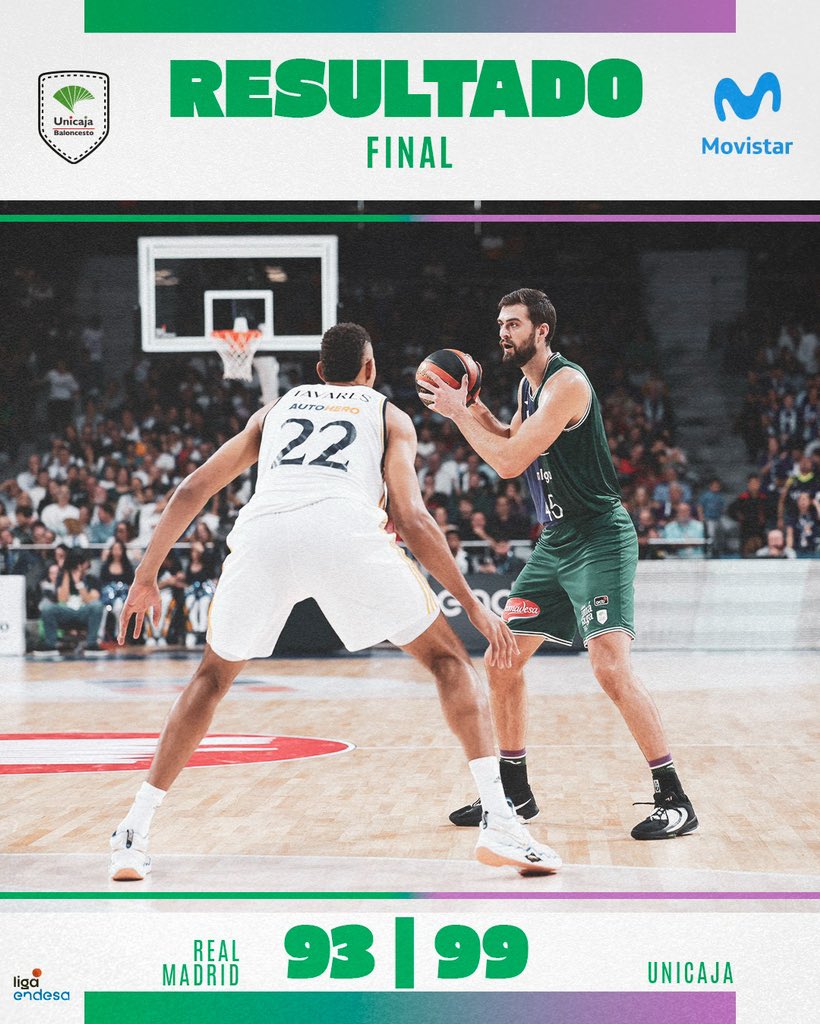 unicajaCB's tweet photo. 🚨 FINAL. ¡¡¡VICTORIA!!! 93-99

🏆 J. 10 @ACBCOM 
🆚  @RMBaloncesto 

💚💜 #YoSoyDelUnicaja #UnicajaLive @movistar_es #JugamosPorLaInfancia https://t.co/QEpbpp6x3n