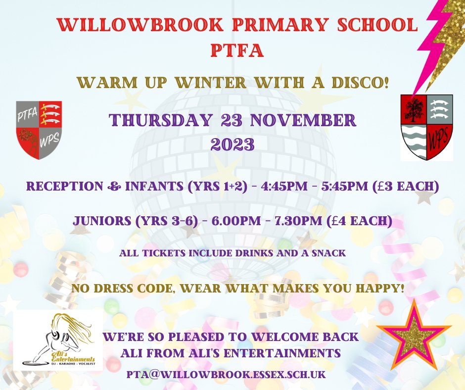 Disco on Thursday!  🪩🕺 🥳

Don't forget to bring in the ticket order form with payment before Wednesday! 

We will not be taking payment on the door.