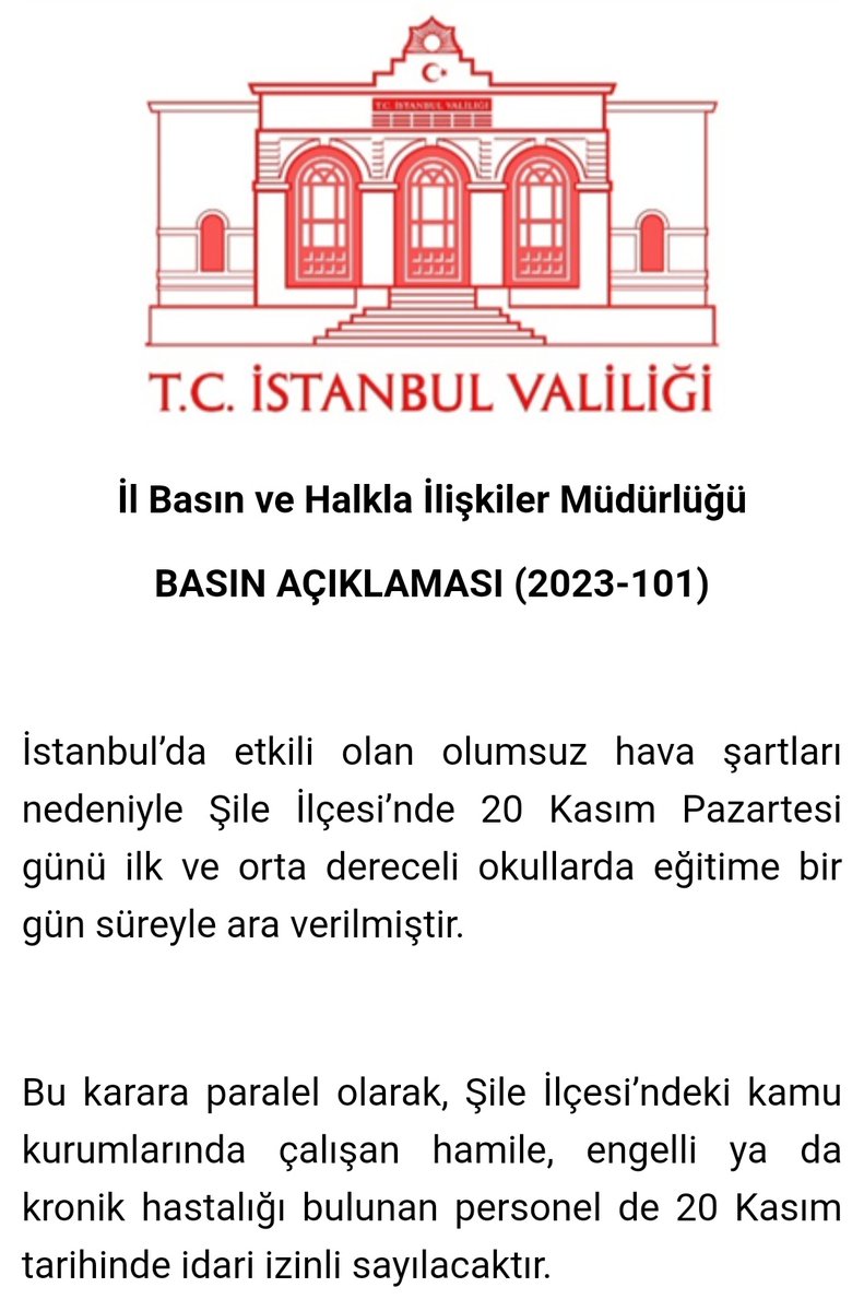 istanbulilmem's tweet photo. 📢İstanbul’da etkili olan olumsuz hava şartları nedeniyle Şile İlçesi’nde 20 Kasım Pazartesi günü ilk ve orta dereceli okullarda eğitime bir gün süreyle ara verilmiştir.

🔗 https://t.co/Mg33IqQ3lF

@tcmeb @Yusuf__Tekin
@TC_istanbul @gul_davut
@MucahitYentur https://t.co/CiqHnnbKA9