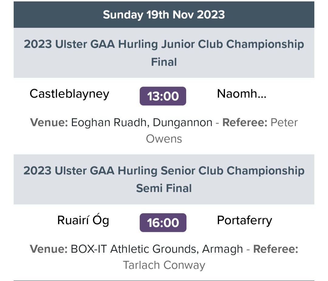 RefereePag18919's tweet photo. Best of luck to Tarlach Conway (Der) and Peter Owens (Down) who are refereeing 2 big games in the Ulster Club Hurling Championships today Sun 19th Nov. We wish both lads, their umpires and team of officials all the best in their respective games. #NoRefNoGame @UlsterGAA https://t.co/S8vCgtqgvu