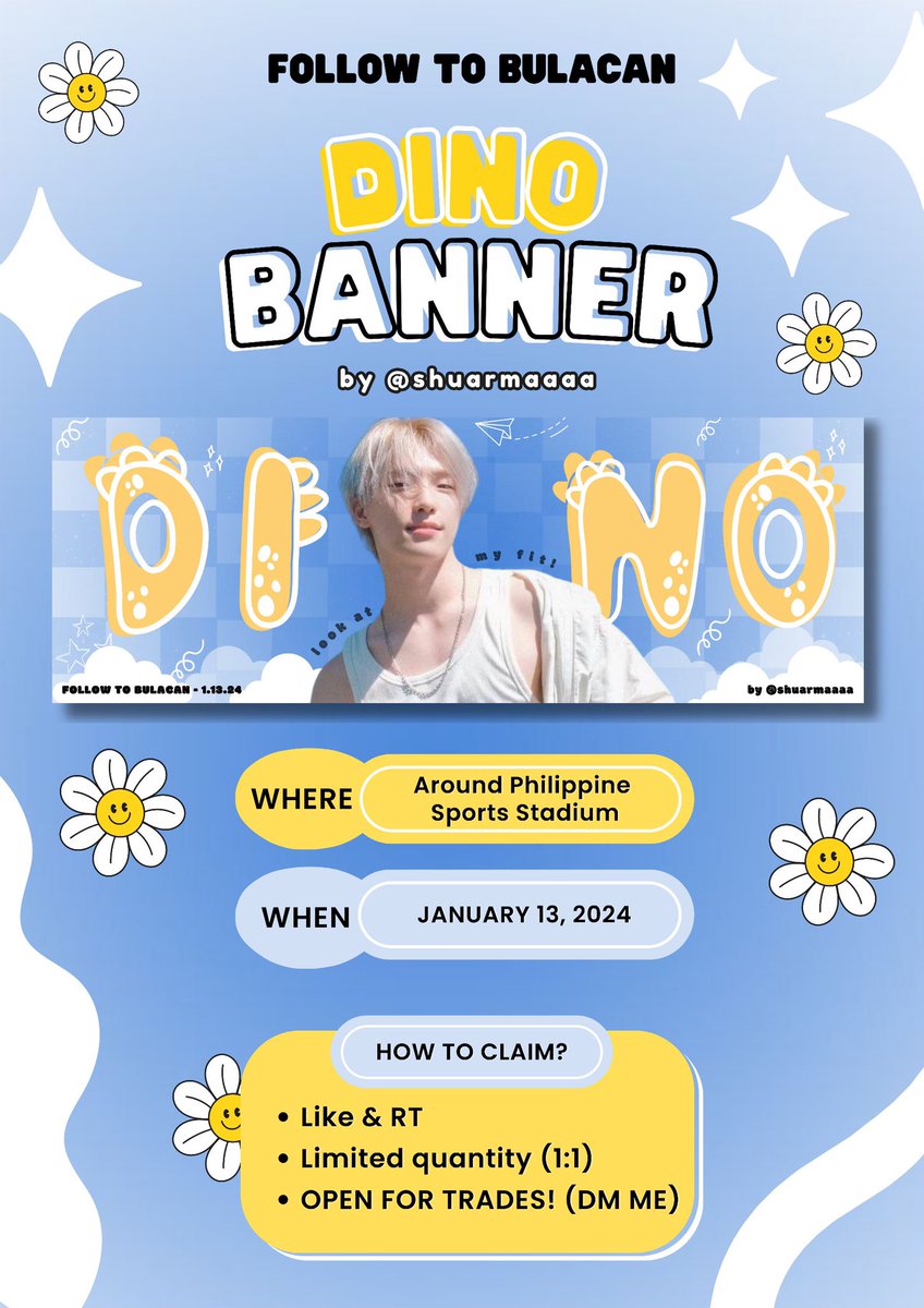 shuarmaaaa's tweet photo. — ✿ KyeomShu and Dino Follow to Bulacan Banner Freebies! ♡
       ╰ by: @shuarmaaaa 

☁︎ how to claim:
╰ like &amp; rt
╰ strictly 1:1
╰ time &amp; loc : TBA
╰ open for everybody!
╰ can trade (dm me!)

See you! 💖

#SEVENTEEN #세븐틴 #SVT_TOUR_FOLLOW #FOLLOW #FOLLOW_TO_BULACAN https://t.co/SWtUIAUS0T