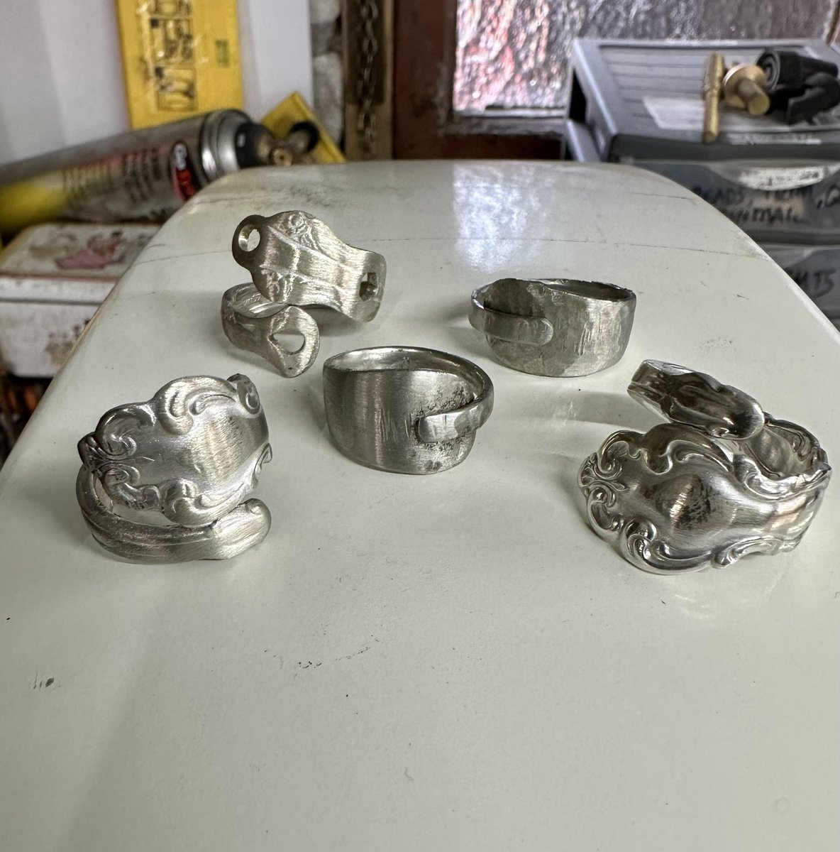 Spoon rings from today, there is something very satisfying about bending metal. #handmade #scotland