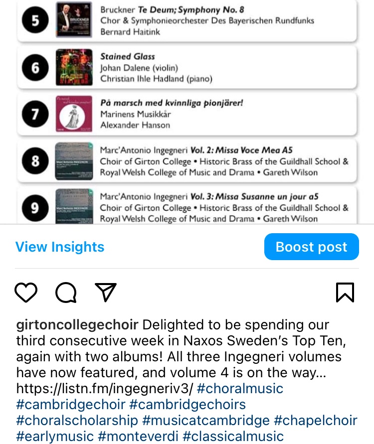 Delighted to be spending our third consecutive week in Naxos Sweden’s Top Ten, again with two albums! All three Ingegneri volumes have now featured, and volume 4 is on the way…listn.fm/ingegneriv3/
