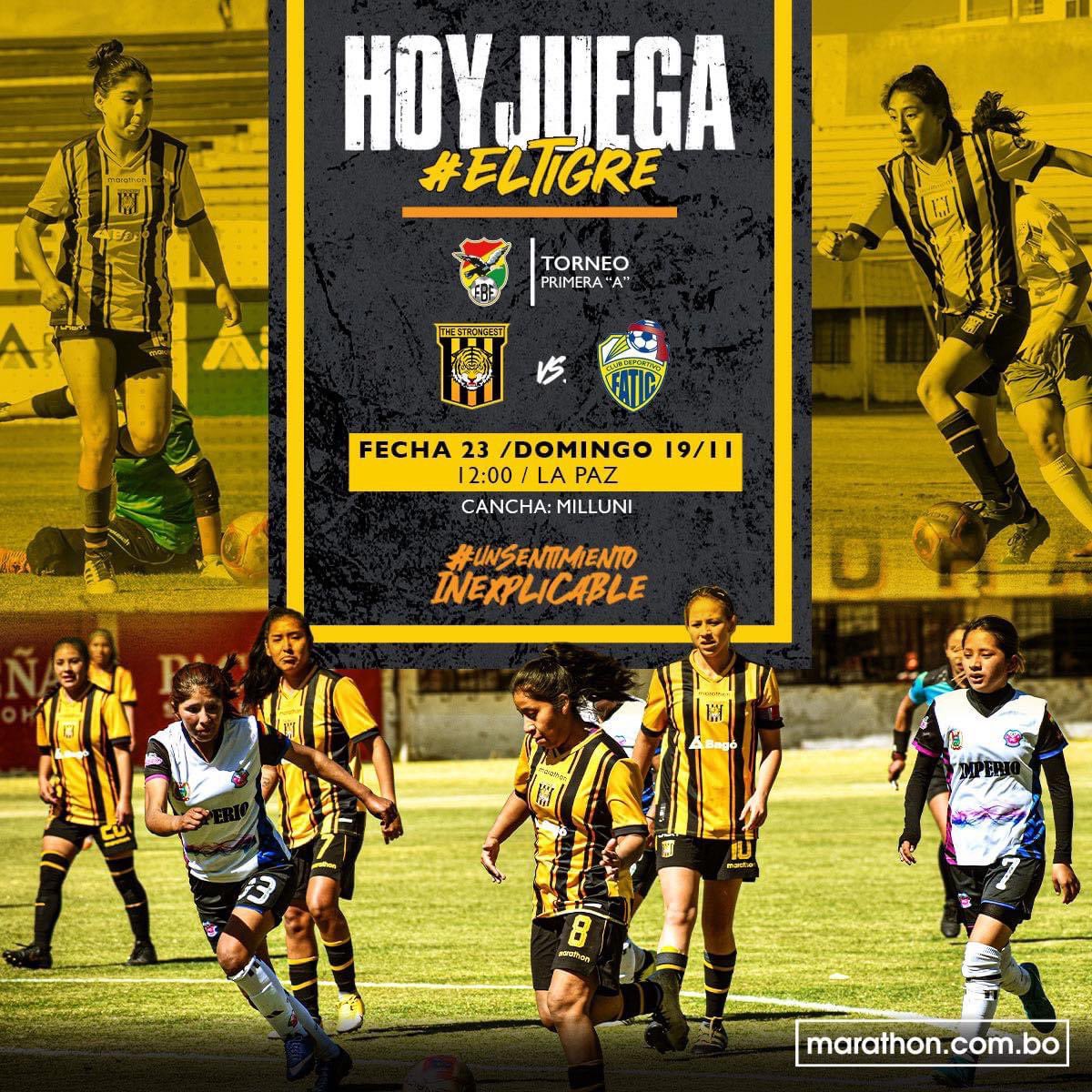 ClubStrongest's tweet photo. ¡Hoy juegan nuestras guerreras, hoy juega el #Tigre! 🐯⚫🟡⚫
Nos medimos ante #Fatic por la fecha 23 del Torneo Primera “A” 🇧🇴🏆
#TheStrongestFemenil
#UnidosHastaElFinal
#ConElObjetivoClaro https://t.co/9Imneh12KA