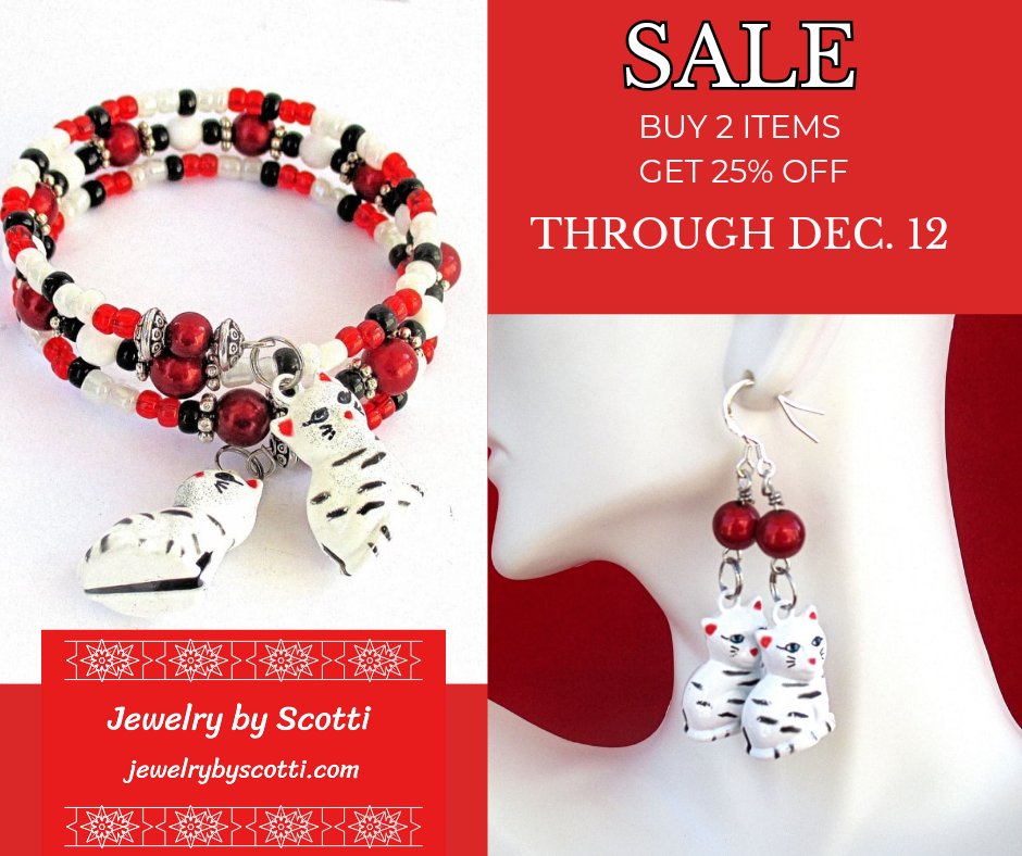 Bracelet and earrings are sold separately. Between now and December 12, you can buy any two items from my shop and get 25% off.

Bracelet: jewelrybyscotti.etsy.com/listing/134039…

Earrings: jewelrybyscotti.etsy.com/listing/135438…

#jewelrybyscotti #mamboteam #christmasjewelry #catjewelry #catbracelet