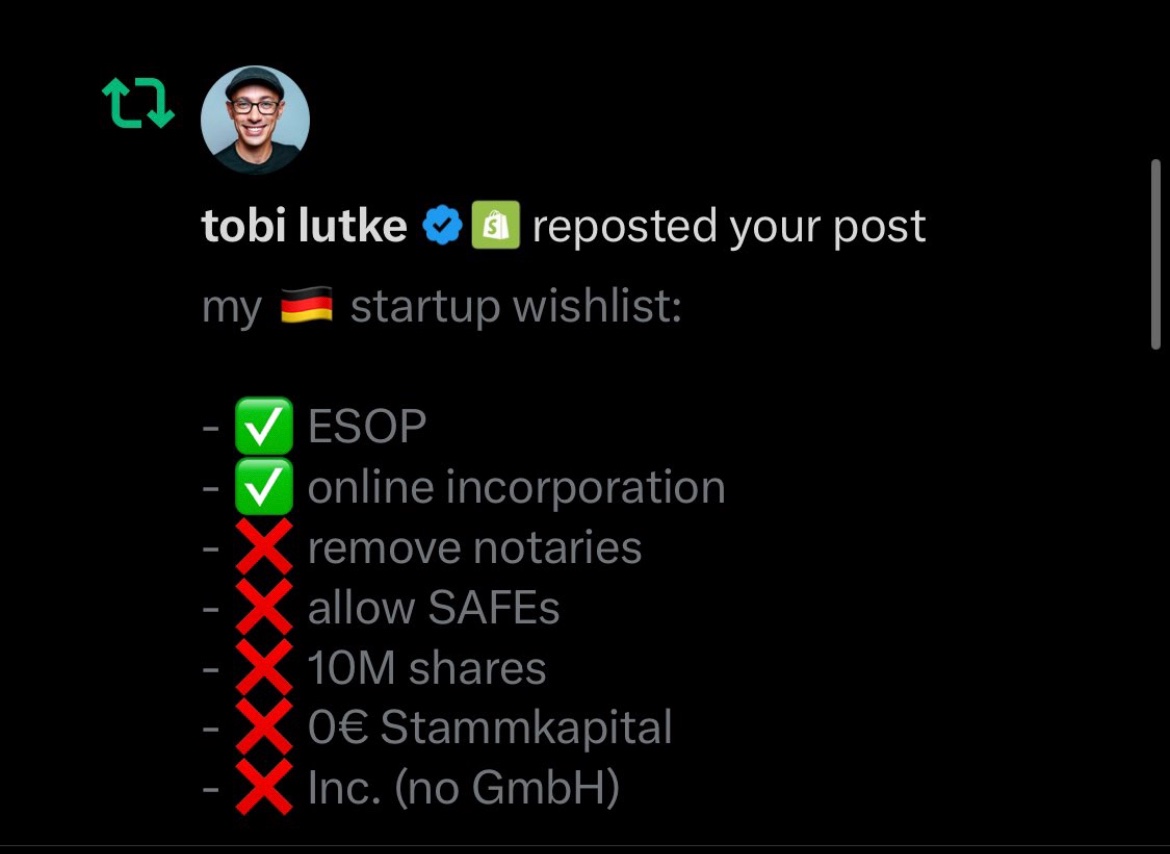 Even founders like <a href="/tobi/">tobi lutke</a> recognize the recent German reforms on #ESOP. Creating visibility around the world will help other countries to introduce similar reforms shortly. I sincerely hope there will be a snowball effect 💪🏼