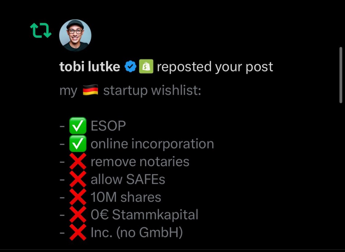 Even founders like @tobi recognize the recent German reforms on #ESOP. Creating visibility around the world will help other countries to introduce similar reforms shortly. I sincerely hope there will be a snowball effect 💪🏼