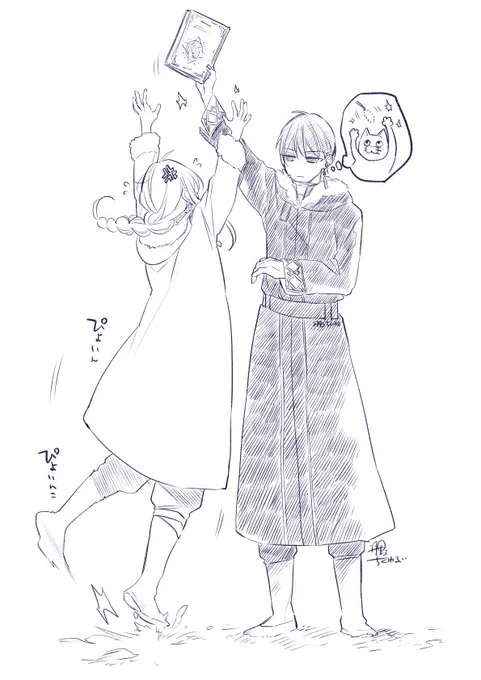 3話目脱稿～～～💓❄️やったね🙌

ラゥは忠誠心高めな大型犬。
アニエスは猫とリスを足して割ったような感じをイメージしながら描いてます。

 #暁の皇子と呪われた賢者
 #創作BL 