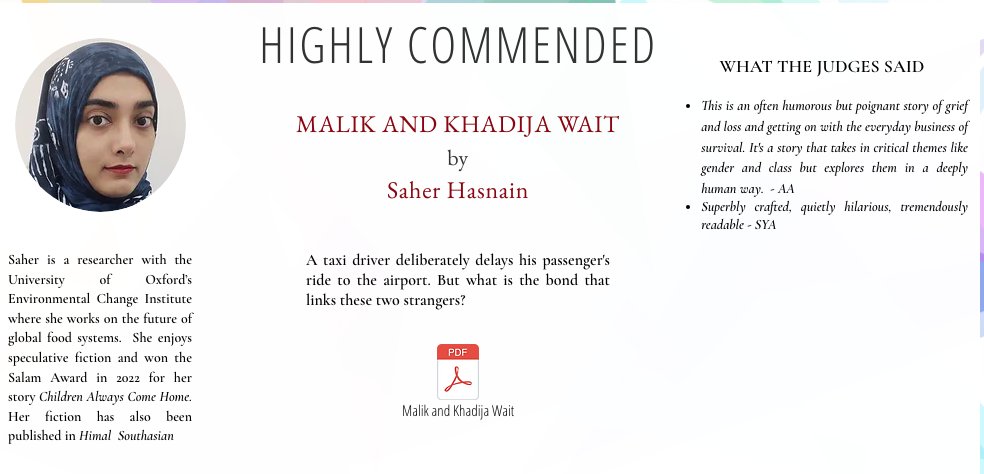 @TheSalamAward Ayesha Malik was also HIGHLY COMMENDED for her short story THE LONG WAY ROUND for the @ZHRwritingprize 2023. Also Highly Commended this year was short story MALIK AND KHADIJA WAIT by @SaherHasnain who was the 2022 winner of @TheSalamAward READ HERE: zhrwritingprize.com/featured-writi…