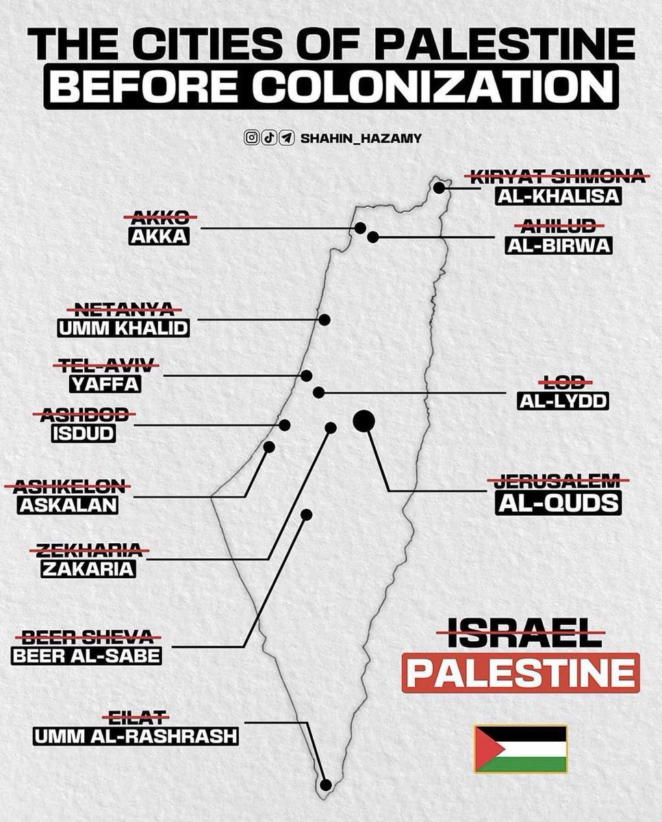 qamarwaanta's tweet photo. its not tel aviv, its YAFFA.
its not jerusalem, its AL-QUDS
its not netanya, its UMM KHALID
its not eilat, its UMM AL-RASHRASH
its not lod, its AL-LYDD
its not kiryat shmona, its AL-KHALISA
its not beer sheva, its BEER AL-SABE
its not israel, its PALESTINE 🇵🇸 https://t.co/gSfUUkbBjw