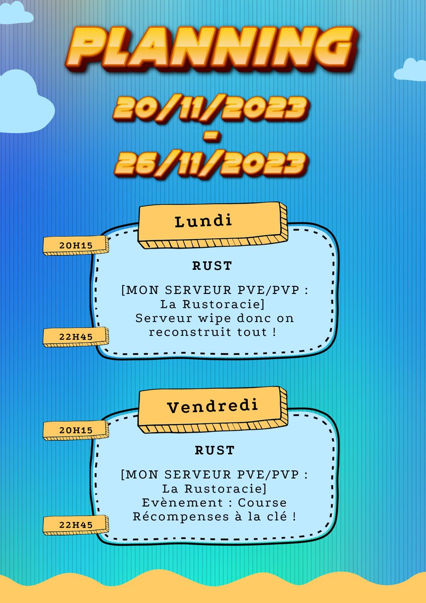 DemoraceTV's tweet photo. 📢 Planning #twitch du 20/11/23 au 26/11/23 !

✅ LUNDI et VENDREDI c'est #rust sur mon serveur PVE/PVP : La Rustoracie.
✅ Reconstruction de base et évènement course vendredi !

🔥 Mes réseaux sociaux : https://t.co/lUtdn8fFHj

#twitch #twitchaffiliate #twitchstream #twitchfr https://t.co/GdXiHdgqLq