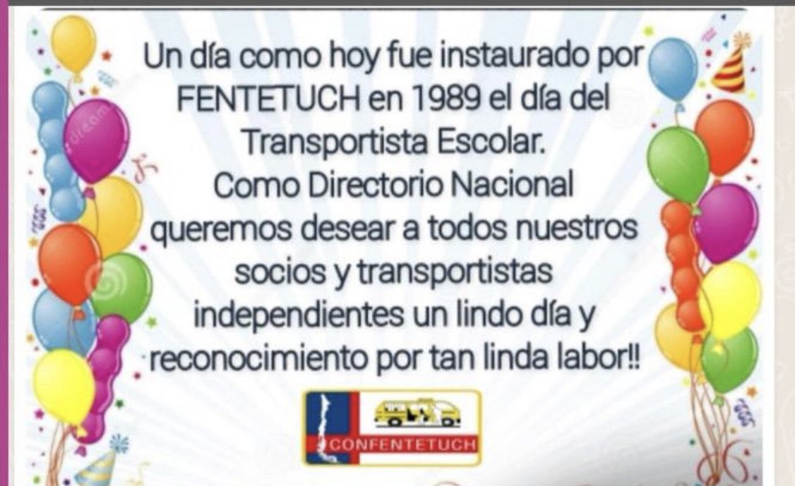 confentetuch's tweet photo. Feliz día del Transportista Escolar,un afectuoso saludo de parte del Directorio Nacional de la Confentetuch a todos los tíos y tías de Chile que cumplen esta hermosa labor. https://t.co/ukLfrdkqWg