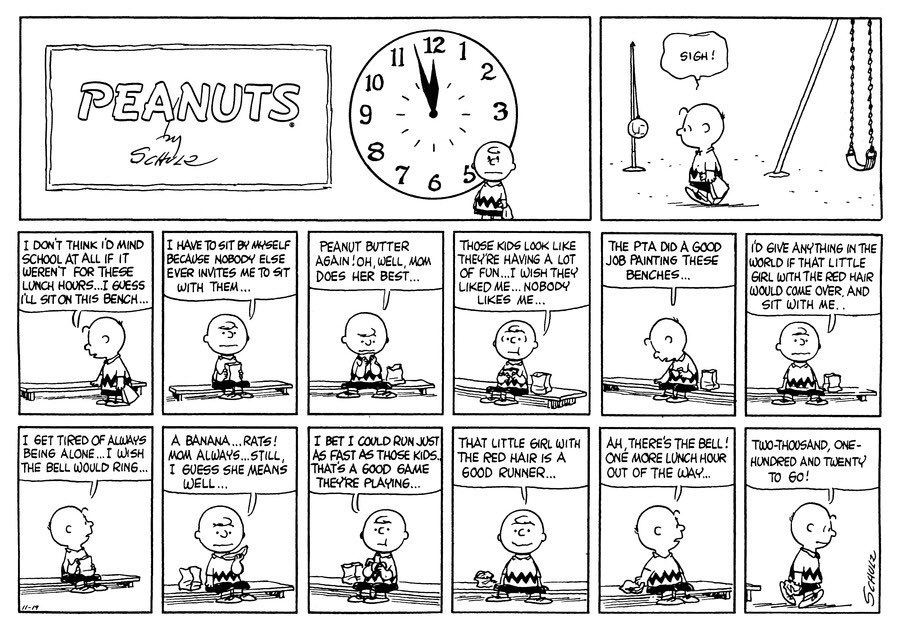Today in Comics History: The Little Red-Haired Girl, the unseen and unrequited secret crush of Charlie Brown, was first mentioned in "Peanuts" on November 19, 1961. (It’s also among the most brutally poignant strips Charles Schulz produced.)