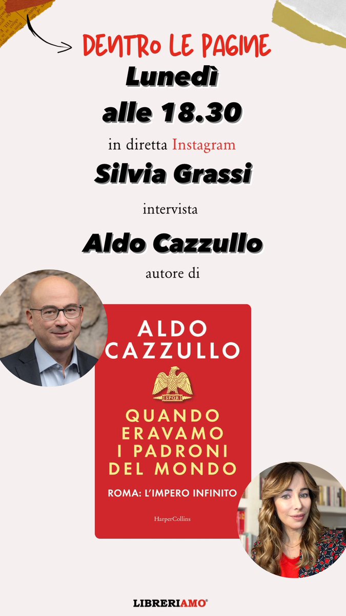 SilvyGrassi's tweet photo. Lunedì 20 novembre alle 18.30 vi aspetto in diretta #instagram su #libreriamo per scoprire i  segreti dell’antica #Roma “Quando eravamo i padroni del mondo. Roma l’impero infinito” 🦅 ultimo #bestseller 📚di #AldoCazzullo giornalista e vicedirettore del #Corriere #dentrolepagine https://t.co/32WPb65Hap