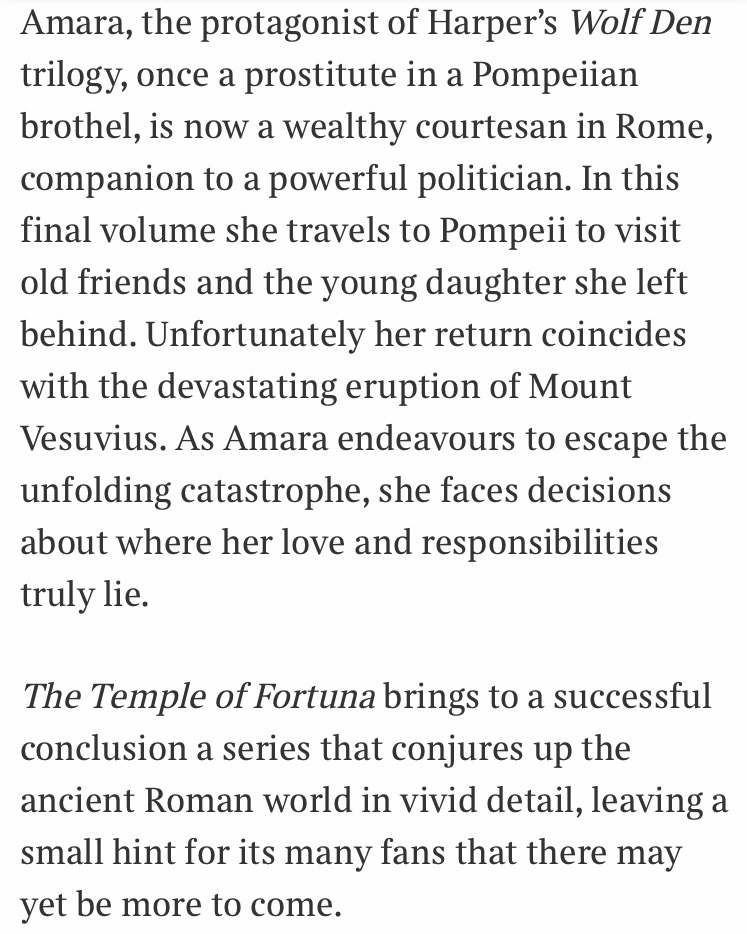 Lovely to be book of the month in The Sunday Times historical fiction review today. Thank you so much Nick Renninson: ‘The Temple of Fortuna brings to a successful conclusion a series that conjures up the ancient Roman world in vivid detail’ 💚