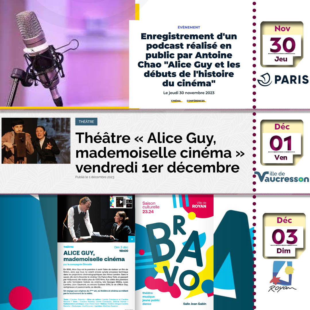 ACTU ALICE GUY !
🎙️ Rendez-vous jeudi 30 novembre à 19h à la Mairie du 19e arr. pour l'enregistrement d'un PODCAST live autour d'Alice Guy organisé par la Bibliothèque Jacqueline Dreyfus-Weill 
🎭Et 2 REPRÉSENTATIONS