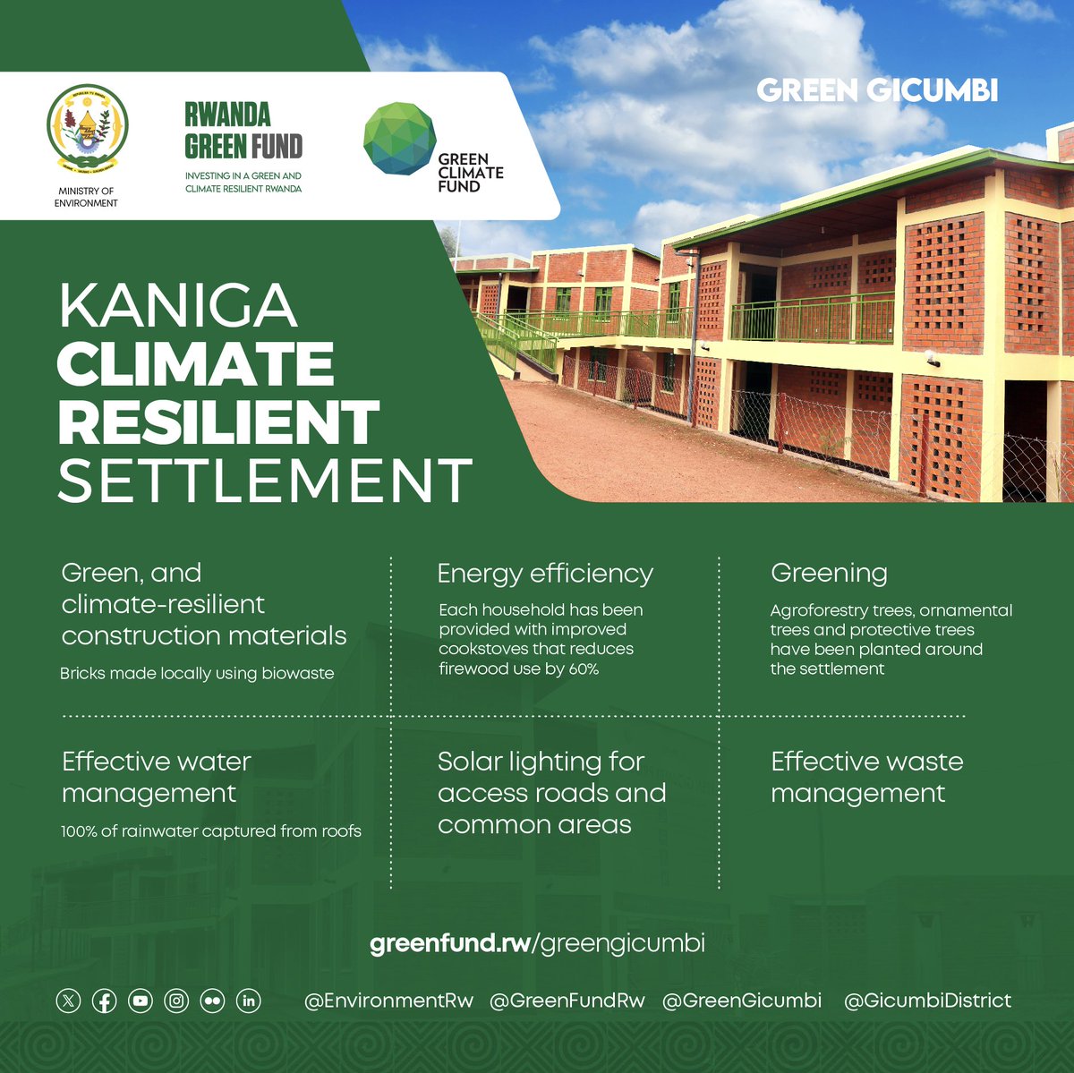 GreenGicumbi's tweet photo. Learn more about key green features of the Climate Resilient Settlement to be launched tomorrow.

The green village was built by @GreenFundRw thru @GreenGicumbi with the support of @theGCF.

We're happy that 100 families relocated from high risk areas have where they call home. https://t.co/ZTmsUZ3eSx