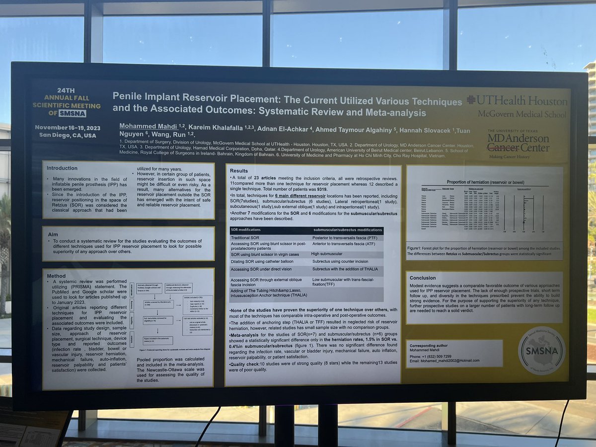 Kareim_UroMD's tweet photo. Our meta analysis &systemic review for Various IPP reservoir placement complications & outcomes.
Strong data that will help guide future implanters in the era of ectopic reservoir
10th Abstract โ
@SMSNA_ORG #SMSNA23 @UTHealthHouston @UTHUrology @MDAndersonNews #Tigermaker https://t.co/MKwdj4DAK5