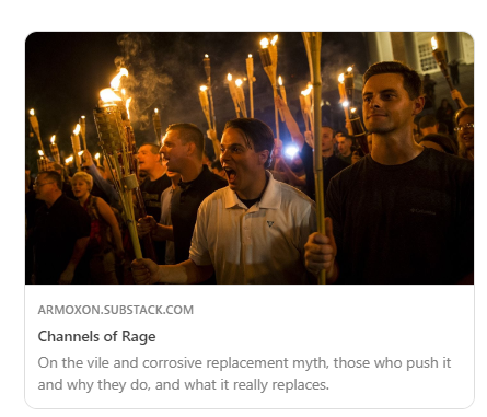 This week a young woman took to the airwaves. Her name is Riley Gaines. What she said put me in mind of the Nazis who invaded Charlottesville, and corrosive rage that demolishes even those who channel it, among other things.

Read on: armoxon.substack.com/p/channels-of-…