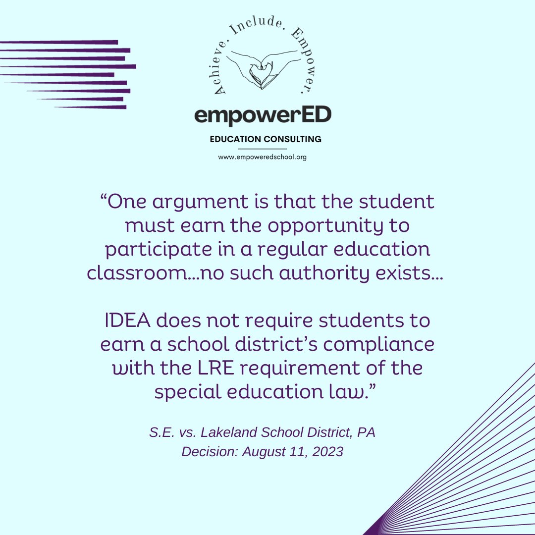 Day 19 of #NoExcusesNovember- “Students with disabilities need to prove they can benefit from general education."  A 2023 due process decision in PA confirms what we have long known and what #SpecialEducation law tells us - students do not need to earn their right to #inclusion.