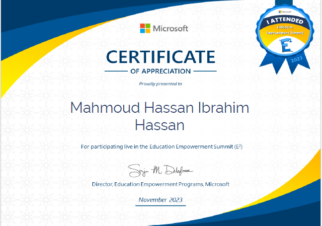 AlasiriH2023's tweet photo. شكرا على شهادة حضور مؤتمر القمة العالمية لتمكين التعليم التابع لشركة #مايكروسوفت 👍
Microsoft Education AKS Education Awards Sarvesh Kamra Dinesh Kamra Sonja Handeland Delafosse
#edicationempowermentsummit #E2 #microsoft_edu #MicrosoftEDU https://t.co/CV91MdKVqk
