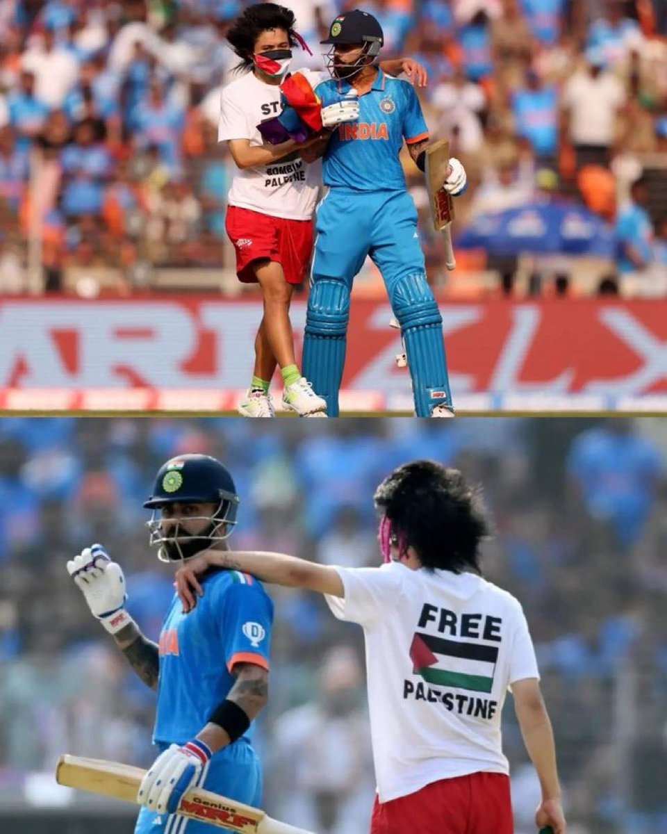 KashifMD's tweet photo. John, an Australian fan of Virat Kohli, stormed the field to meet Kohli &amp; make a statement on the world stage. 

“Stop bombing Palestine.”
“Free Palestine.” 🇵🇸 

Shows how desperate the world is for peace in Palestine. That said, this could’ve been done without physical contact. https://t.co/Mwb9BIq1d7