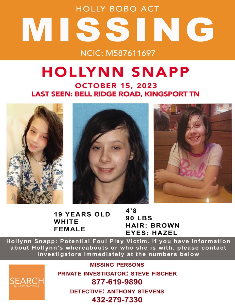 SF_investigates's tweet photo. Critical Endangered Missing Person Hollynn Snapp may be the victim of foul play. We are getting a clearer picture about Hollynn's disappearance but we still need anyone with information to contact us 24/7. Please retweet and help us spread awareness. #HollynnSnapp #Kingsport https://t.co/61h27BSCjY