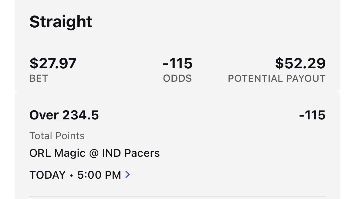 KevyBets's tweet photo. Here we go, day 2 of the $10 —>$10k 

Straight bet:

Magic @ Pacers o234.5

Let’s have a day 🙏💸 https://t.co/WQomu5ArQJ