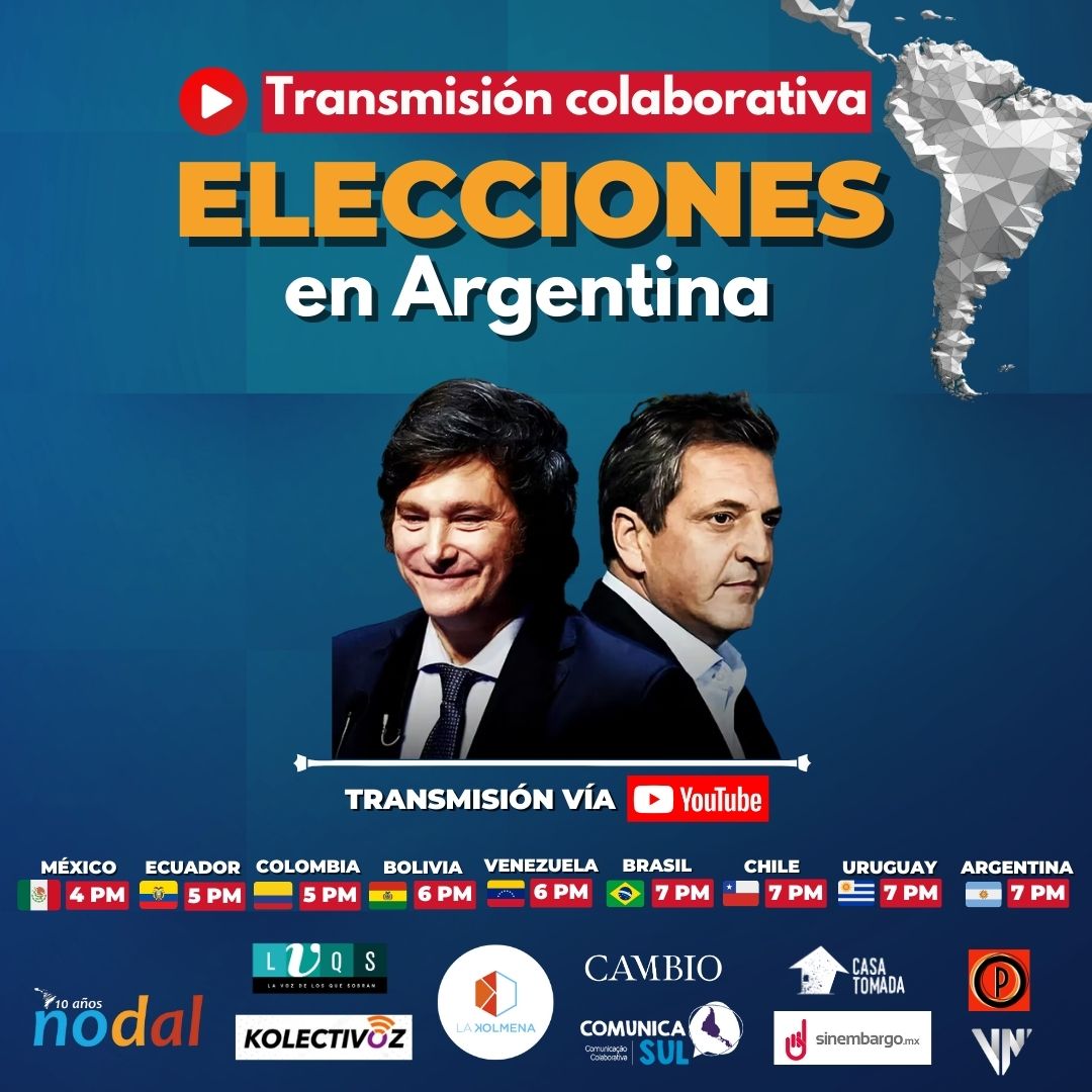 🇦🇷 Jornalistas do Brasil participam de superlive com comunicadores de toda a região para reportar tudo o que acontece na #Argentina
<a href="/delosquesobran/">De los que sobran en nuestro país</a>  <a href="/SinEmbargoMX/">SinEmbargo</a> <a href="/LaKolmenaEC/">La Kolmena 🐝</a> <a href="/kolectiVOZ/">KOLECTIVOZ</a> <a href="/CasaTomadaBol/">Casa Tomada</a> <a href="/venezuelanewsVN/">Agencia Venezuela News</a> <a href="/Periferia_uy/">Periferia</a> <a href="/estoescambio/">Cambio</a>

📺 youtube.com/CanalDoBarao