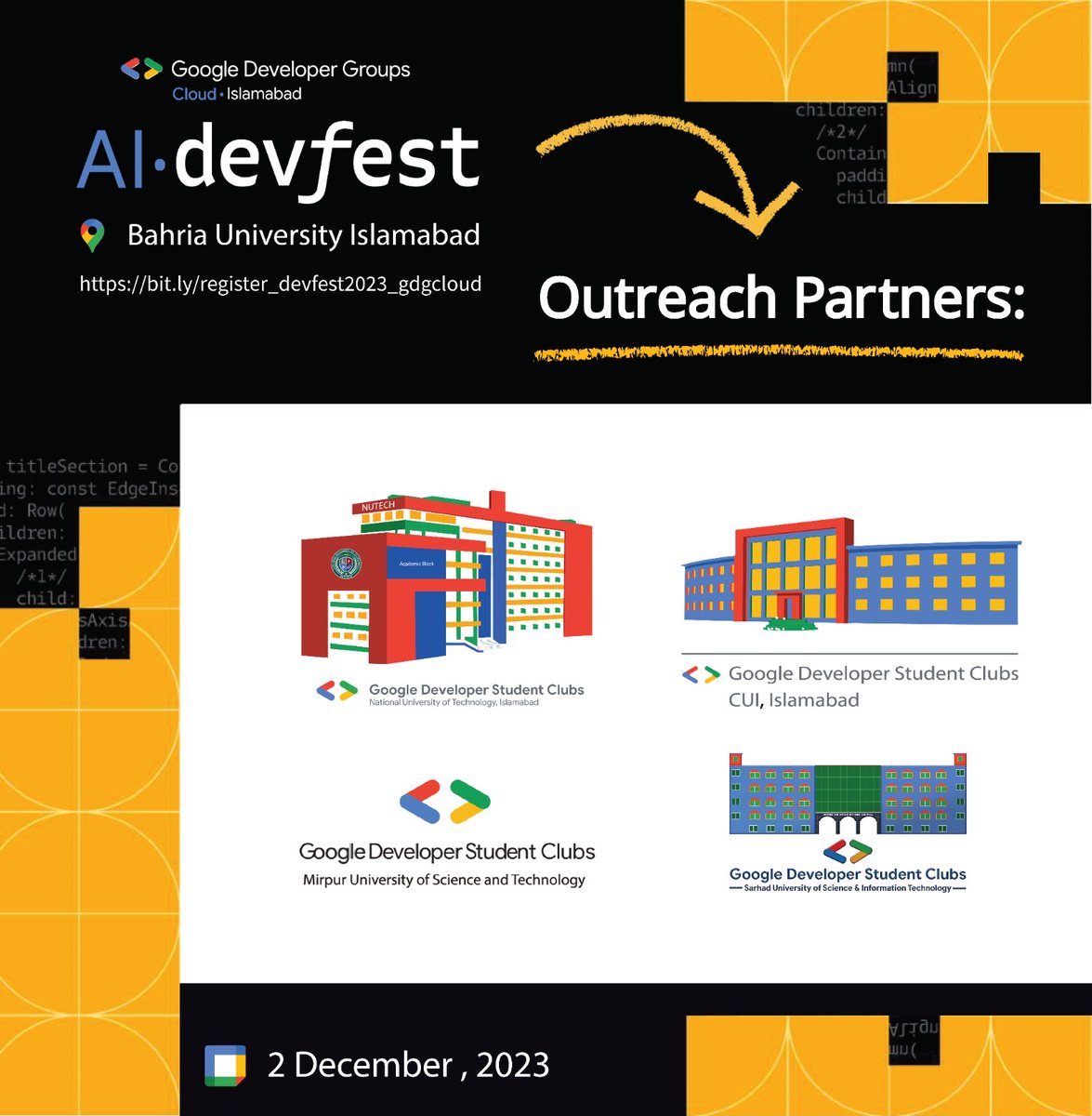 🌐 GDG Cloud Islamabad is delighted to announce our collaboration with the incredible@gdscszabist_isb
@gdsccui 
@GDSCMUST 
<a href="/GDSCsuit/">GDSC SUIT</a> 
gdscnutech 
for Cloud AI Devfest Islamabad 2023 . A warm welcome to all GDSC chapters 🤝
🔗 Secure your spot now:
bit.ly/register_devfe…