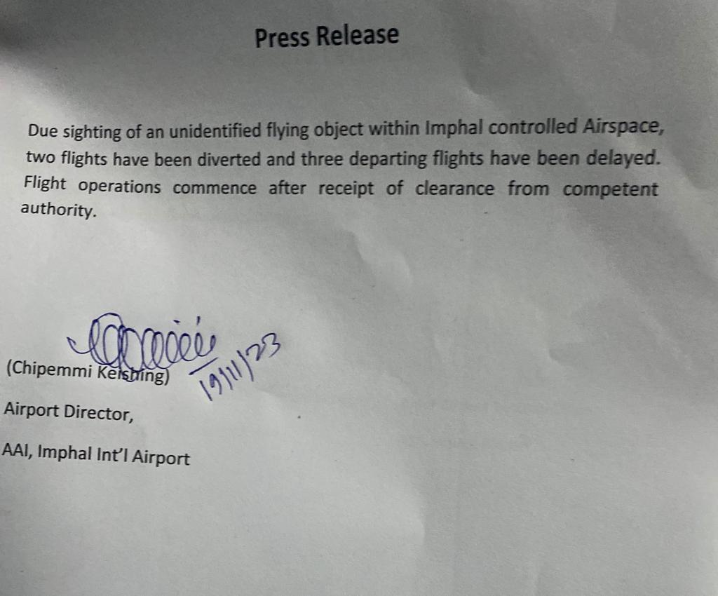 Several flights have been diverted or delayed due to sighting of an unidentified object in the Imphal Controlled Airspace.
Amidst this crisis, nothing can be taken lightly. This needs to be seriously monitored and investigated
#SaveManipur #ThisIsManipur
