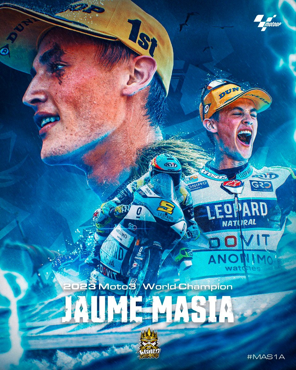 MotoGP's tweet photo. On top of the world under the floodlights 🤩

@jaume_masia is your 2023 #Moto3 World Champion! 🏆

#MAS1A | #QatarGP 🇶🇦 https://t.co/T7SdgCCLtp