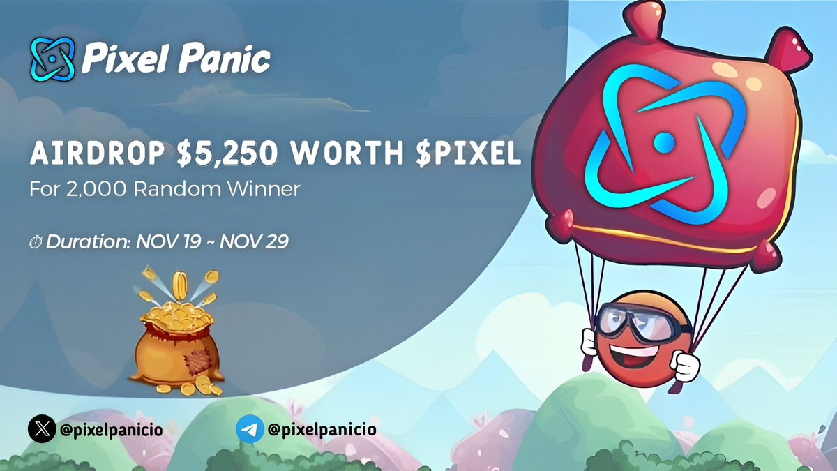AirdropBrotherX's tweet image. 🪂 Airdrop: Pixel Panic
💸 Reward: $2.5 worth $Pixel
📅 End date: 29th November
🏆 Winner: 2,000 Random
👥 Top 50 Referal: $5 worth $Pixel Each

🔗 Airdrop Link: t.me/PixelPanicAird…

🔘 Do the tasks on the bot &amp;amp; submit your data

#Airdrop #Airdrops #Bitcoin #PixelPanic #BNB