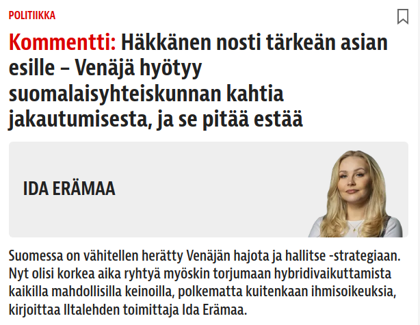 'Venäjä hyötyy suomalaisyhteiskunnan kahtia jakautumisesta, ja se pitää estää', kirjoittaa Ida Erämaa ja jatkaa haukkumalla kaikki järkevät suomalaiset rasisteiksi.