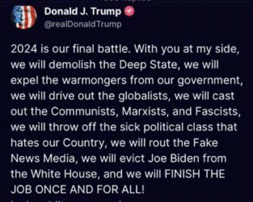 2024 WILL be Trumps last battle. He and his movement will be defeated and relegated to the dustbin of history. Vote like your democracy depends on it. secure.actblue.com/donate/vindman…