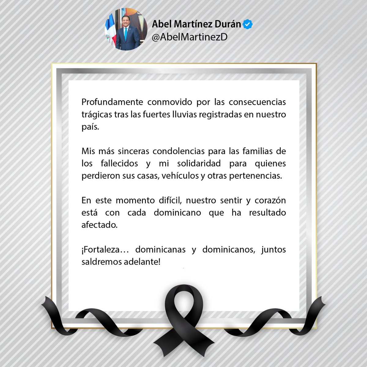 AbelComunicaRD's tweet photo. Nuestro sentir y corazón están con cada dominicano que ha sido afectado por los resultados de las fuertes lluvias.

Fortaleza y solidaridad.
Juntos saldremos adelante. https://t.co/EyQAfCXwRu
