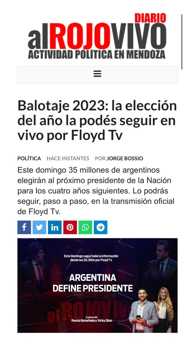 Cobertura especial del Balotaje presidencial 2023 por <a href="/floydtvonline/">FLOYDTVONLINE</a> 

Hoy en vivo, desde las 20:30, junto a <a href="/renzobonafede/">Renzo Bonafede</a> y gran equipo! 🎥🔴

Excelente nota de <a href="/jalbossio/">Jorge Alberto Bossio</a> 

alrojovivo.ar/contenido/1815…