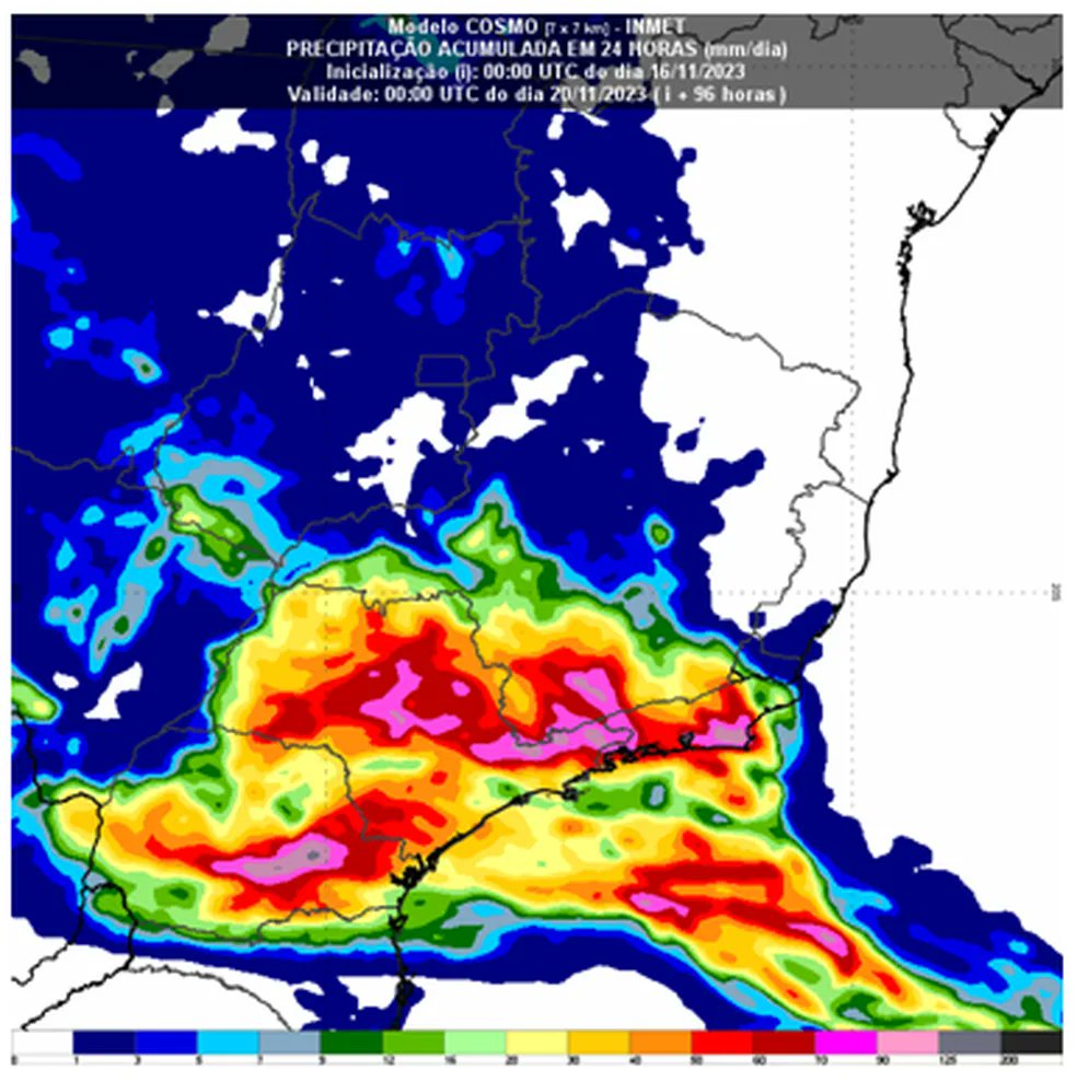 🇧🇷 Après la vague de chaleur exceptionnelle pour la saison, menace de tempête sur le sud du #Brésil avec localement 100 mm de pluie attendus d'ici à ce dimanche soir (c'est-à-dire 100 L par m²).

g1.globo.com/meio-ambiente/…