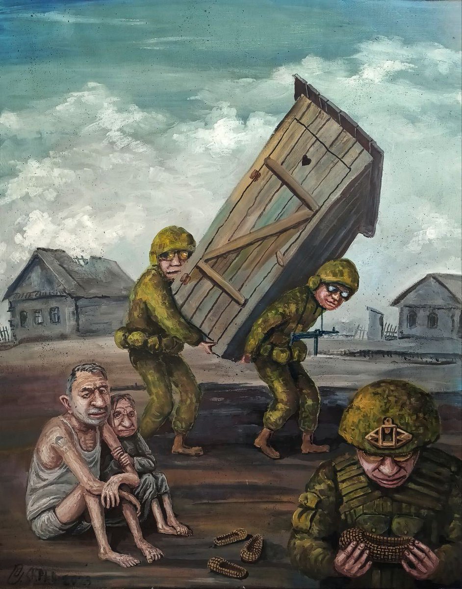 NatalkaKyiv's tweet photo. Painting by Semyon Skrepetsky entitled “Petrovich’s Nightmare”.
In the artwork, NATO soldiers have entered Russia and are stealing outhouses from the villagers.
#Russia #RussiaUkraineWar https://t.co/z54r7SNEdx