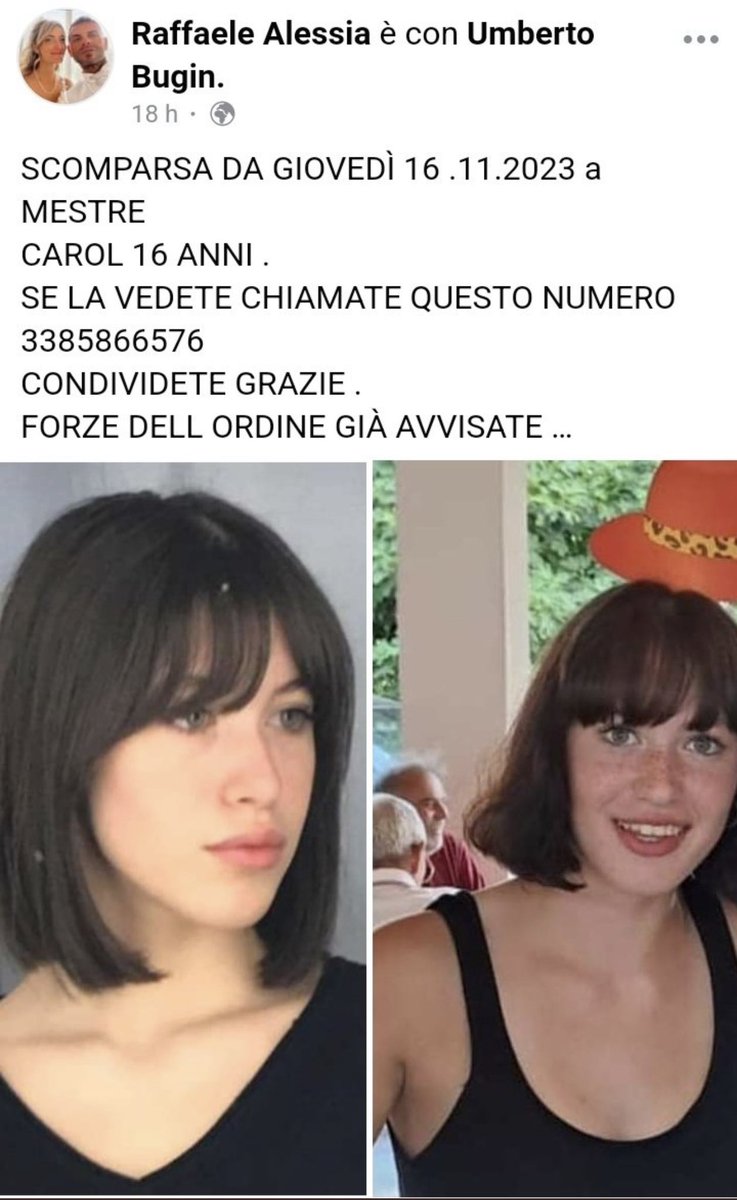 bertamarchettii's tweet photo. ❗️⚠️ SCOMPARSA CAROL BUGIN ⚠️❗️

SCOMPARSA DA MESTRE IN CASO DI AVVISTAMENTO CHIAMATE IL NUMERO 3385866576

RT per diffondere la notizia 🙏 https://t.co/5J1tGHe6nP