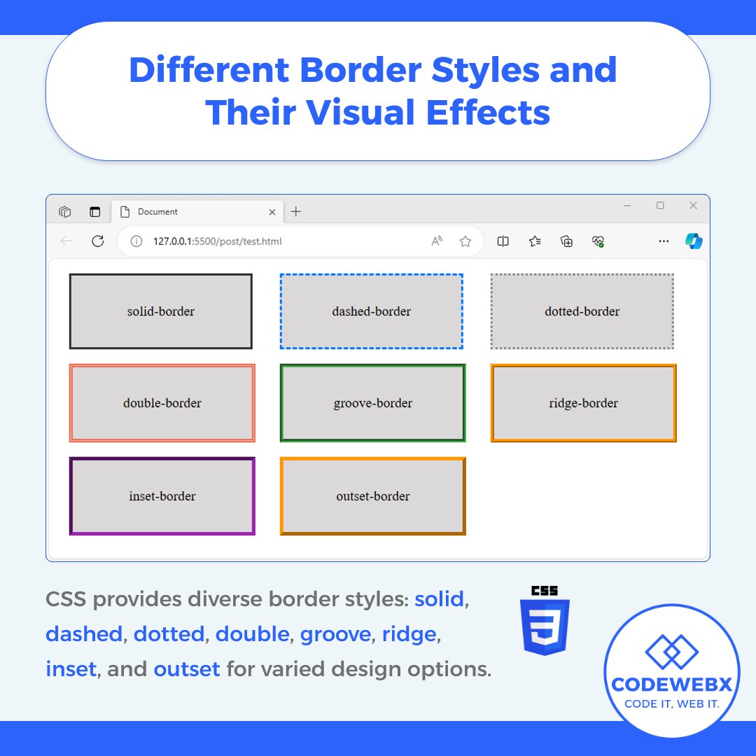codewebxsl's tweet image. ๐What are border styles and their visual effects?๐
CSS provides diverse border styles: solid, dashed, dotted, double, groove, ridge, inset, and outset for varied design options.
#css #cssborder #webdevelopment #Webdesign