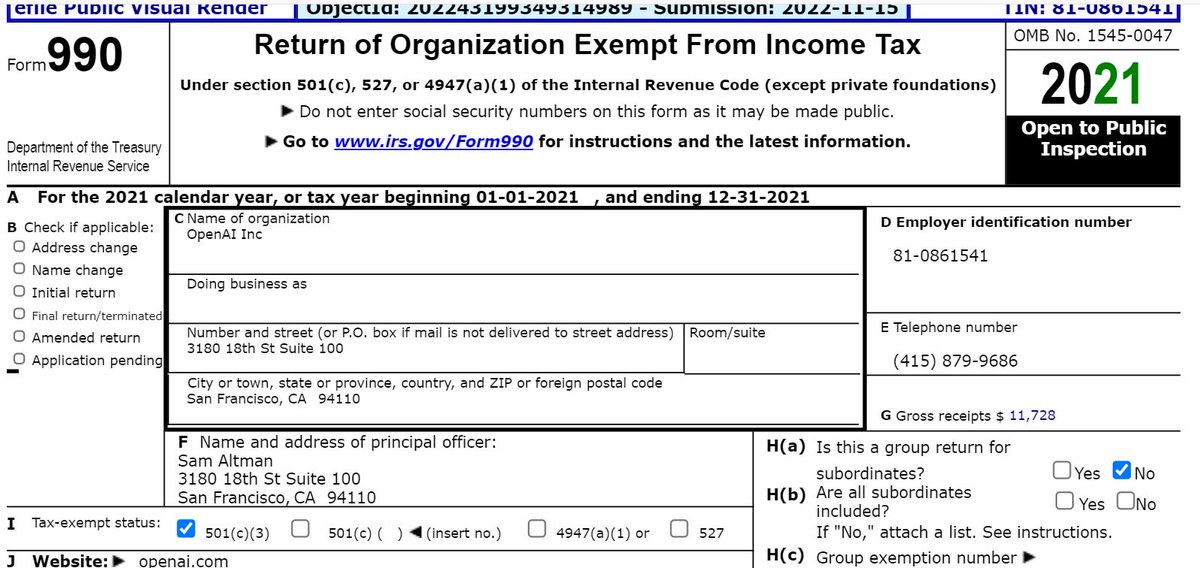 Just quickly reviewed OpenAI's Form 990 IRS filings that may (or may not) shed some light on the board's thinking after the recent events (eg, Dev Day, Ignite Conference, Thrive tender offer) (Part 1 of thread)  <a href="/jeremyphoward/">Jeremy Howard</a> <a href="/GaryMarcus/">Gary Marcus</a>