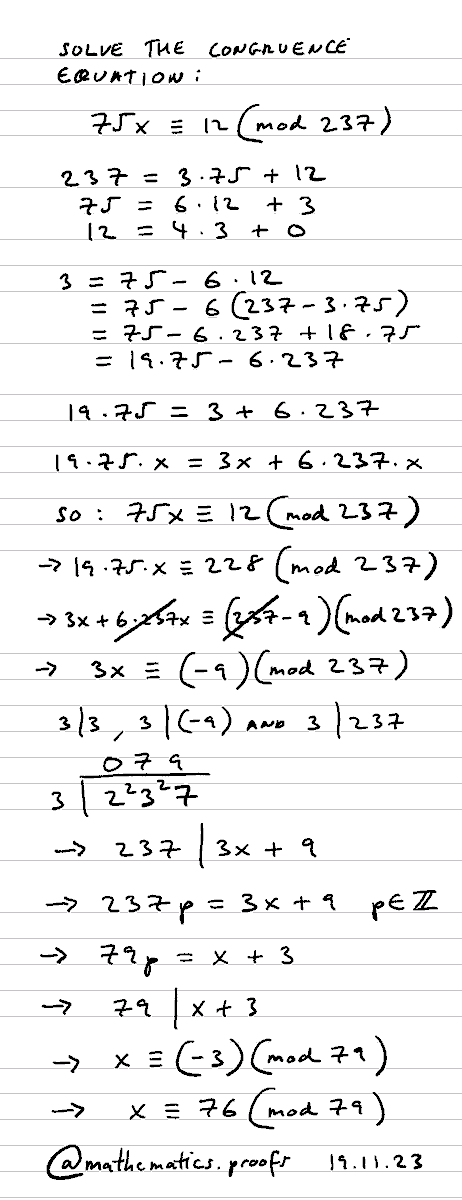 tiago_hands's tweet image. (2 Ways) Solve the congruence equation: 75x≡12(mod237) #modularcongruence #modulararithmetic #alevelmaths #furtherpuremaths
