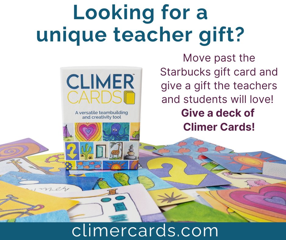amyclimer's tweet image. If you're looking for a unique #teachergift, give Climer Cards! Climer Cards are a deck of cards with hand-drawn pictures designed to evoke metaphors and imagination. The cards help with #teambuilding, #generatingideas, and you're kids will love them too!
climercards.com/buy-now/