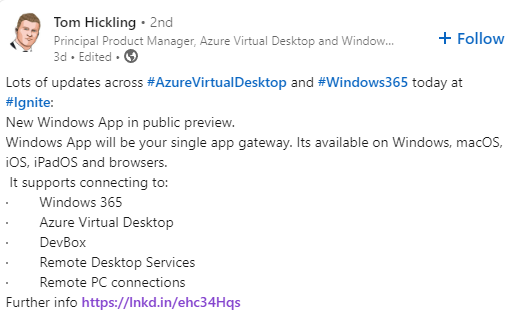 I am feeling acknowledged (and vindicated) that <a href="/Microsoft/">Microsoft</a> has included "Remote PC connections" in their new Windows App use cases...at the same level as W365/AVD/RDS. Coupled with Cloud PC tech, it could signal the end of remote access to a PC.  #msignite linkedin.com/posts/gabecarr…