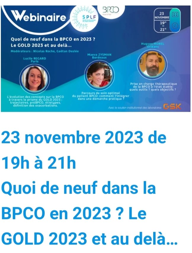 Webinaire quoi de neuf dans la #bpco <a href="/SPLF_SocPneumo/">Société de Pneumologie de Langue Française (SPLF)</a> <a href="/CHUBordeaux/">CHU de Bordeaux</a> <a href="/DupinIsabelle/">Dupin Isabelle</a> <a href="/LaurentBoyer17/">Laurent Boyer</a> <a href="/OlivierLeRouzic/">Olivier Le Rouzic @olr@med-mastodon.com</a> <a href="/MGuecamburu/">Marina Gueçamburu</a>