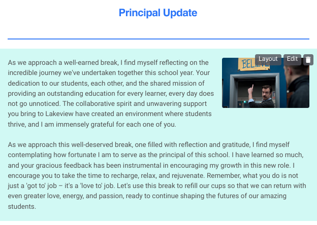 Just so grateful to get to serve as Principal at Lakeview! Check out this week's staff update!