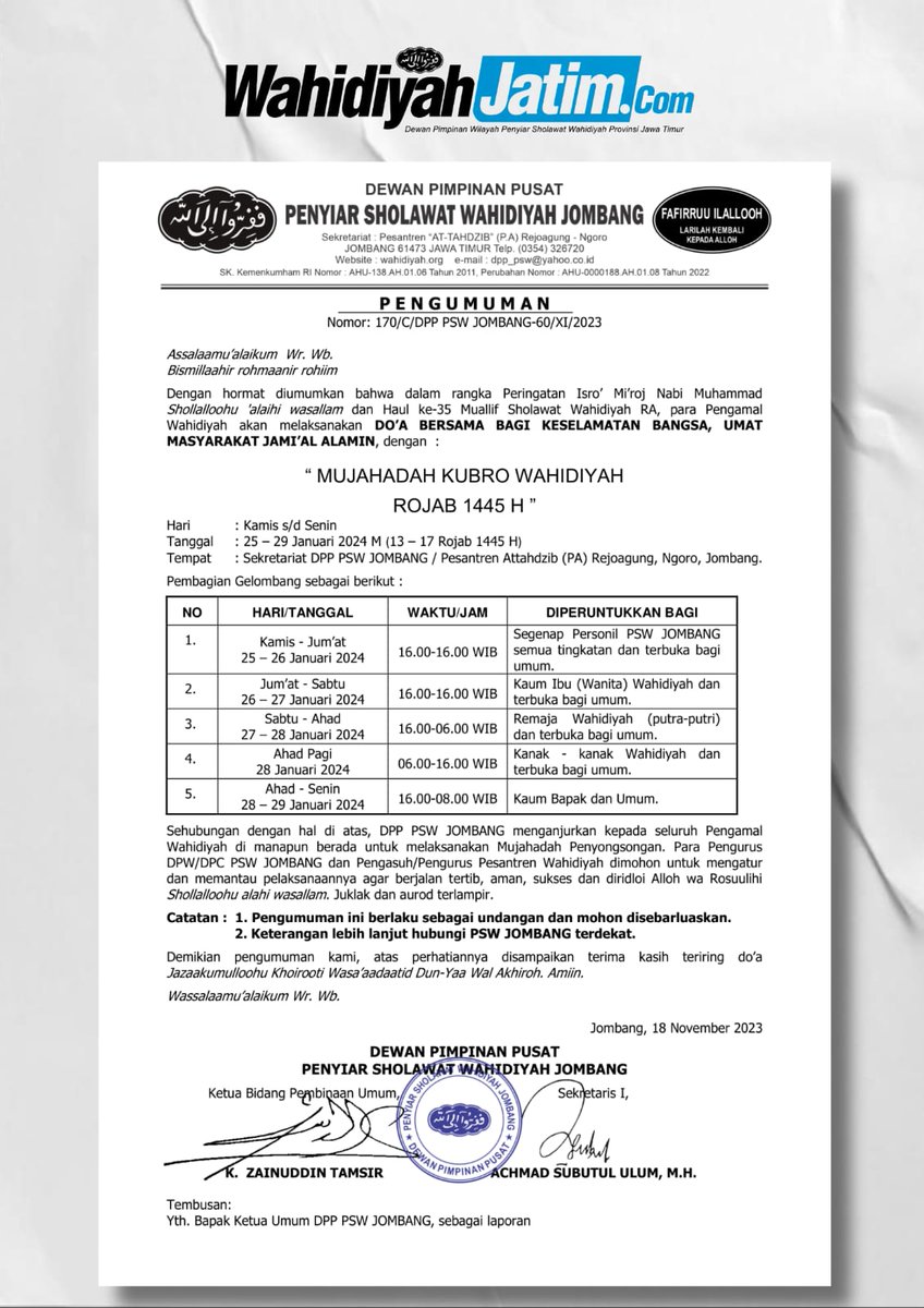 wahidiyahjatim's tweet image. Anjuran dari DPP PSW Jombang ( @wahidiyahpusat ) untuk menyongsong Mujahadah Kubro Rojab 1445 H.
Mari kita laksanakan dan disebarluaskan...

#wahidiyah #wahidiyahjatim #mujahadah #mujahadahkubro